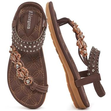 Imagem de Alicegana Sandálias femininas elegantes sapatilhas: boêmio verão confortável bico dividido sapatos caminhada praia gladiador, Café, 34