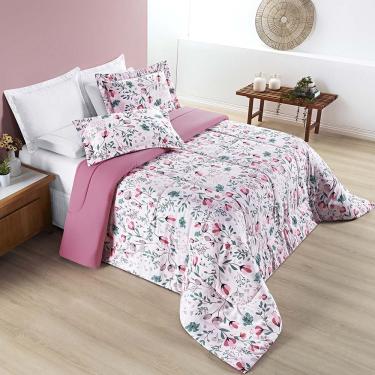 Imagem de Kit Edredom Cobertor Celi Queen Dupla Face Micropercal Estampado 200 Fios 3 Peças Bothanica Floral Rosa