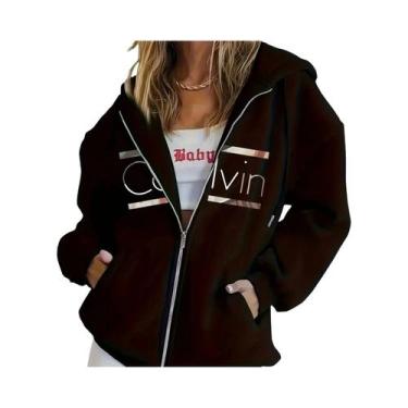 Imagem de Moletom Feminino Marrom Com Zíper E Estampa Branca, Manga Longa, Ombro