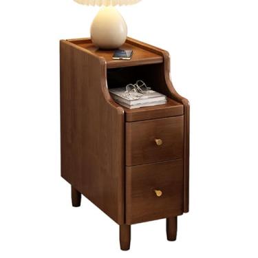 Imagem de Mesa de cabeceira de madeira com 2 gavetas e 1 prateleira - Mesa de canto minimalista e prática para pequenos espaços e organização de quarto - Acabamento de madeira natural