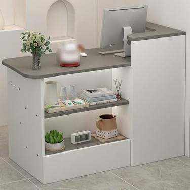 Imagem de Mesa de balcão de recepção, balcão moderno de caixa de varejo com gavetas, caixa em forma de L, recepção de madeira para loja de conveniência, hotel, salão de beleza