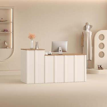 Imagem de Mesa de recepção de madeira com bandeja de teclado e gaveta com trava, elegante mesa de balcão frontal para salão, lobby e escritório - Design moderno em preto e branco (100 x 45 x 95 cm)