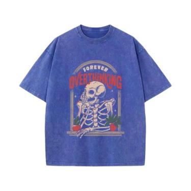 Imagem de Camiseta Feminina Oversized De Algodão Com Estampa De Esqueleto, Gola 