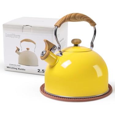 Imagem de LONFFERY Chaleira de chá, chaleira de 2,5 litros, bule de chá para fogão, aço inoxidável de grau alimentício com cabo dobrável de padrão de madeira - amarelo