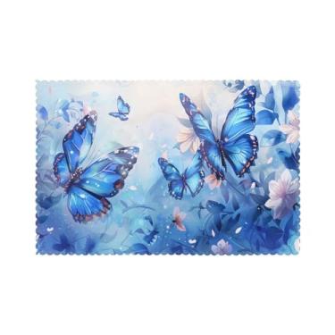 Imagem de Jogo americano de aquarela borboleta azul para mesa de jantar, conjunto de 6, decoração de mesa de jantar de cozinha para quatro estações para festas internas em casa, 30 x 45 cm
