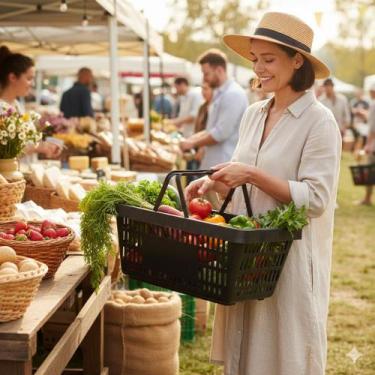 Imagem de Caixa Organizadora Plastica Preta Mercado Compra Cesta Levar Comida Fr