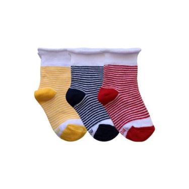 Imagem de Kit 3 Pares Meia Algodão Bebê Punho Suave Listradinha Conforto Tamanho