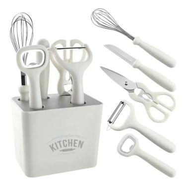 Imagem de Kit Utensílios Cozinha Conjunto 6 Peças com Suporte Organizador Branco