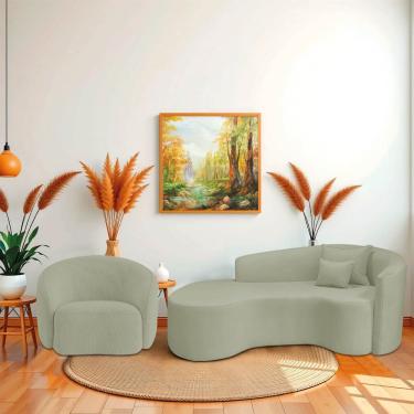 Imagem de Kit Recamier Curvo Sala De Estar Inglaterra 180cm Lado Esquerdo E Poltrona Orgânica Luxo Amore Bouclé Verde Oliva