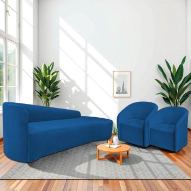 Imagem de Kit Sofá Curvo França 250cm Ld. E 2 Poltronas Luiza Max Conforto, Elegância E Design Moderno Linho Azul Royal