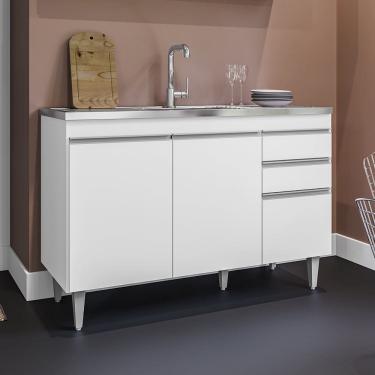 Imagem de Balcão Melissa com Pia e Cuba GhelPlus 120cm 3 Portas 2 Gavetas Branco Maderatto Móveis