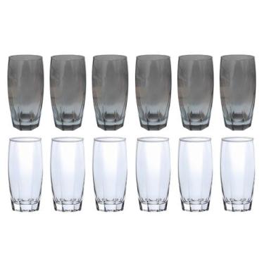 Imagem de Kit 12 Copos de Vidro 370ML - 6Transparente 6Cinza Suco Água - PRATICA