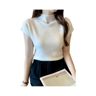 Imagem de Camisetas Femininas De Verão Tricotadas Com Gola Alta E Sem Mangas, Aj
