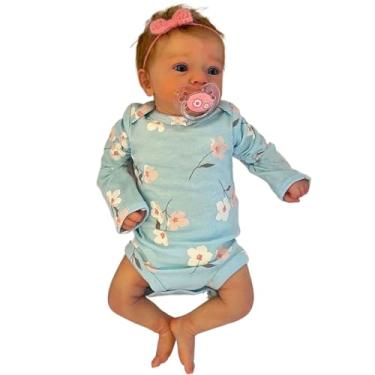 Imagem de QIYANER Bebe Reborn Realista - 48cm 1.5kg Menina, Olhos Azuis Com Tiara Rosa, Roupas Azuis Lavável, Silicone Sólido, Corpo de Pano