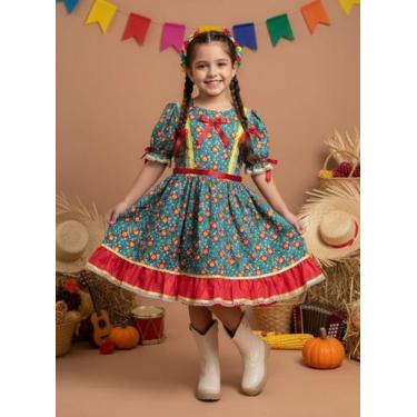 Imagem de Vestido Junino Infantil Verde Vermelho Florido Festa Junina Caipira Qu