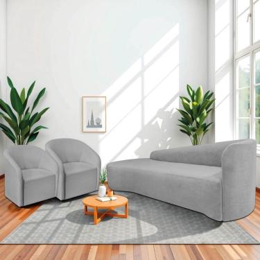 Imagem de Kit Sofá Curvo França 200cm L.e E 2 Poltronas Luiza Max Conforto, Elegância E Design Moderno Linho Cinza Claro