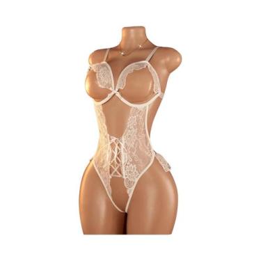 Imagem de Conjunto De Lingerie Transparente Sexy Para Mulheres: Body Branco E Ve