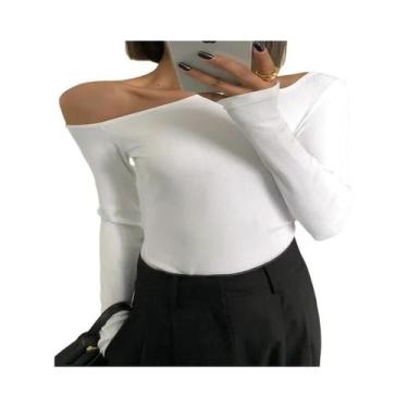 Imagem de Blusa Feminina Cropped De Manga Longa Com Ombro a Ombro, Gola Assimétr