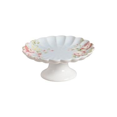 Imagem de Prato de Bolo com Pé Vó Dulce Relevo 27cm Design Clássico para Servir Sobremesas Branco Cerâmica Scalla