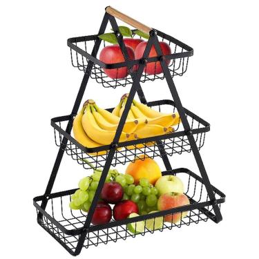 Imagem de Fruteira Cesto Triplo Organizador BSL3775 Aramado Metal com Alça de Bambu Multiuso Cozinha Preto Leva Pra Casa