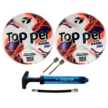 Imagem de Kit Bola de Futebol Campo Samba Velocity Pro 2026 com Bomba de Ar Kagiva Dupla Ação Laranja e Azul Topper