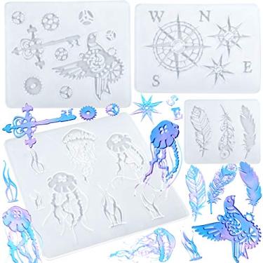 Imagem de Conjunto de moldes de silicone de resina epóxi Charms, conjunto de moldes de resina de pingente, água-viva, bússola de pássaro, chave para joias, fundição, marcador de livro, chaveiro com pingente, 4 unidades, comprimento de 0,9 a 6,3 cm