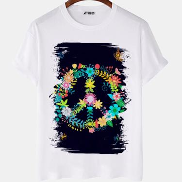 Imagem de Camiseta masculina Simbolo da Paz Hippie Flores Floral Camisa Blusa Branca Estampada