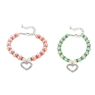 Imagem de Colar de coleira para gato e cachorro 2 peças colar de pérolas coleira para animais de estimação com pingente, tamanho pequeno e médio gato e cachorro ajustável suprimentos para foto de animais de estimação