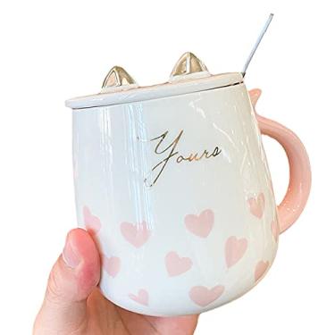 Imagem de seelucky Caneca de coração rosa com tampa colher 3D copo de leite de café de cerâmica bonito conjunto de canecas de casal presente de aniversário mulheres amantes de amigos (coração de gato, 430 ml)