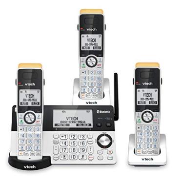 Imagem de VTech IS8151-3 Telefone sem fio com 3 aparelhos de alcance super longo DECT 6.0 para casa com atendedores, alcance de 700 m, bloqueio de chamadas, Bluetooth, tomada de fone de ouvido, backup de energia, interfone, expansível para 12 HS