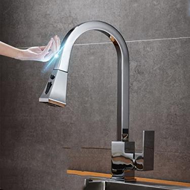 Imagem de Torneira de bacia de cozinha preta puxe alça única rotação de 360 ​​graus giratória torneira misturadora de água quente e fria torneira de água da cozinha, sensor cromado, China