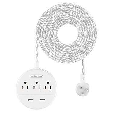 Imagem de NTONPOWER Cabo de extensão trançado de 4,5 m, tira de alimentação de plugue plano com USB, estação de carregamento compacta para mesa de cabeceira com 3 saídas 2 portas USB, montagem de parede para mesa de cabeceira de dormitório, branco
