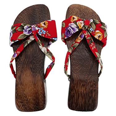 Imagem de USHOBE Tamancos de madeira japoneses chinelos de madeira sandálias tradicionais japonesas de verão Geta tamancos quimono chinelos de madeira antiderrapantes sandálias de banho para mulheres, Vermelho, 7
