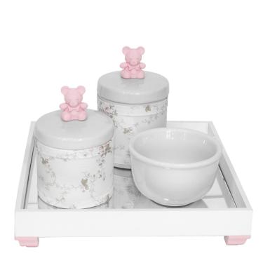 Imagem de Kit Higiene Espelho Potes, Molhadeira e Capa Ursinho Rosa Quarto Bebê Menina