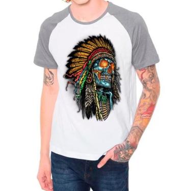 Imagem de Camiseta Raglan Caveira Mexicana Skull Cinza Branca Masculina01 - Desi