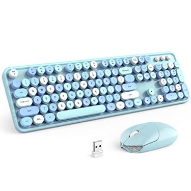 Imagem de MOFii Conjunto de teclado e mouse sem fio, teclado de máquina de escrever de tamanho completo retrô com número pad e mouse de carro esportivo para computador PC desktop MAC Windows (azul colorido)