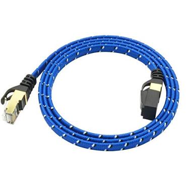 Imagem de Cabo CAT7, 10 gigabit, Ethernet, ultraplano, com conectores RJ45 banhados a ouro e blindados e revestimento de nylon trançado para rede LAN de roteador modem