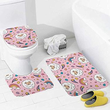 Imagem de Conjunto de tapetes e tapetes de banheiro com 3 peças fofas rosa de ovelha, tapete de banheiro de espuma viscoelástica, lavável, antiderrapante, tapete de contorno e tampa para banheiro