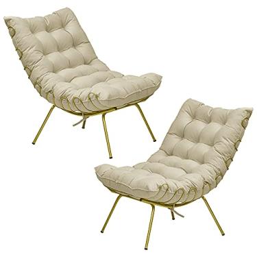 Imagem de Kit 2 Poltronas Decorativas Sala de Estar Abel Base de Ferro Dourada Veludo Bege - Gran Belo