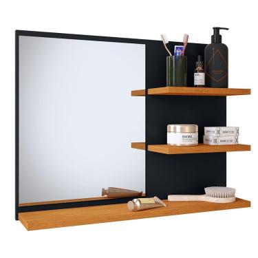 Imagem de Espelheira Suspensa Astra Prateleiras Organizadoras Espelho Banheiro Aéreo Compacta - Preto|Cinamomo - RPM Móveis