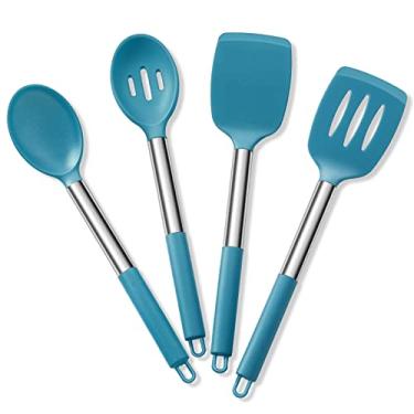 Imagem de Conjunto de 4 utensílios de cozinha, E-far de silicone, utensílios de cozinha para panelas antiaderentes, resistentes ao calor e não tóxicos, espátula sólida para virar mistura de servir rego (azul-petróleo)