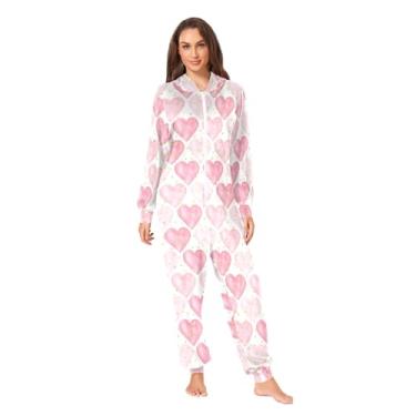 Imagem de CHIFIGNO Pijama macacão adulto fofo pijama para mulheres homens roupa de dormir roupa roupa de casa, Corações rosa, pontos dourados, G