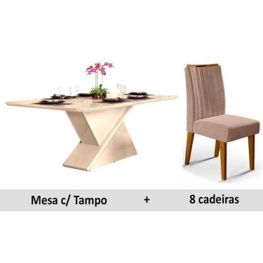 Imagem de Conjunto: Mesa Sala Jantar Zafira Madeirado c/ Vidro 200cm + 8 Cadeiras Ísis Ipê/OW/Kraft - DJ Móveis