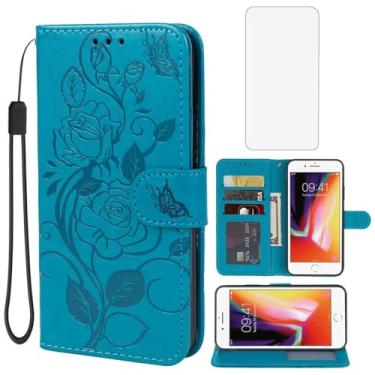 Imagem de Vavies Capa para iPhone SE 2022/SE 3 2022/iPhone SE 2020/iPhone 7/iPhone 8 Capa carteira com protetor de tela de vidro temperado, flor de couro flip porta-cartão de crédito suporte para iPhone 8 azul
