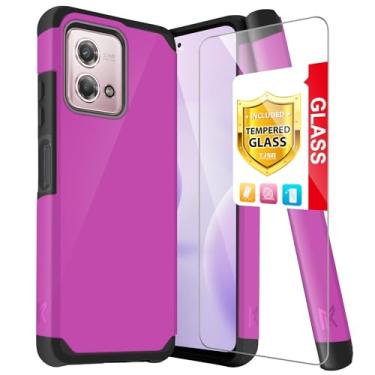 Imagem de TJS Capa compatível com Motorola Moto G Stylus 4G 2023 (somente versão ricket), com protetor de tela de vidro temperado camada dupla híbrida suporte magnético à prova de choque capa de telefone (rosa