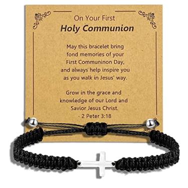 Imagem de QqzsJewls Presentes de confirmação de primeira comunhão para meninos e meninas, pulseira com pingente de cruz para filho neto, First Communion, Nylon, Sem Pedra Preciosa