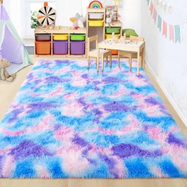 Imagem de Foxmas Tapete macio e fofo para quarto, quarto de crianças, pelúcia para berçário, tapete peludo para meninos e meninas, dormitório universitário, sala de estar, decoração de casa, 0,9 m x 1,5 m, azul