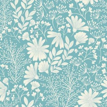 Imagem de Wallercity Papel de parede floral azul claro autoadesivo folha de margarida branco/azul papel de parede de contato com folhas removíveis para gavetas de armários 43 x 38 cm vinil boho papel de parede