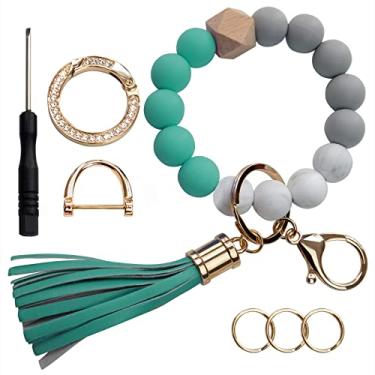 Imagem de Chaveiro de contas de silicone chaveiro pulseira para mulheres, bonito conta carro porta-chaves pulseira elástica com contas chaveiro com contas, Azul-petróleo