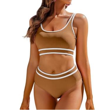 Imagem de AI'MAGE Conjunto de biquíni feminino de cintura alta com nervuras de 2 peças, conjunto de biquíni esportivo color block PP-2GG, Marrom claro, M